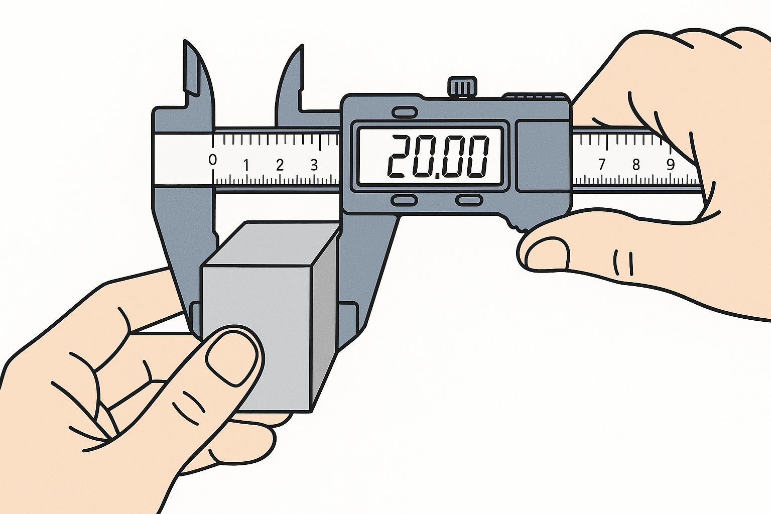 ノギスで金属ブロックの外形を精密測定
